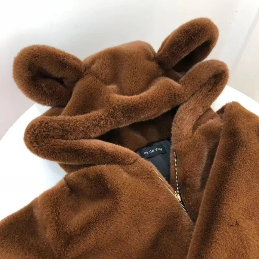 🐻  Bear Ears Hooded Jacket – Plush Fur Winter Coat
