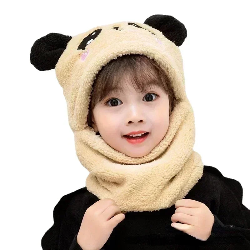 Cartoon Hat for Girls Boys Scarf Thicken Cap Winter Hat for Kids Newborn Baby Stuff Children Hat Plus Fleece Kids Caps 1-18Years
