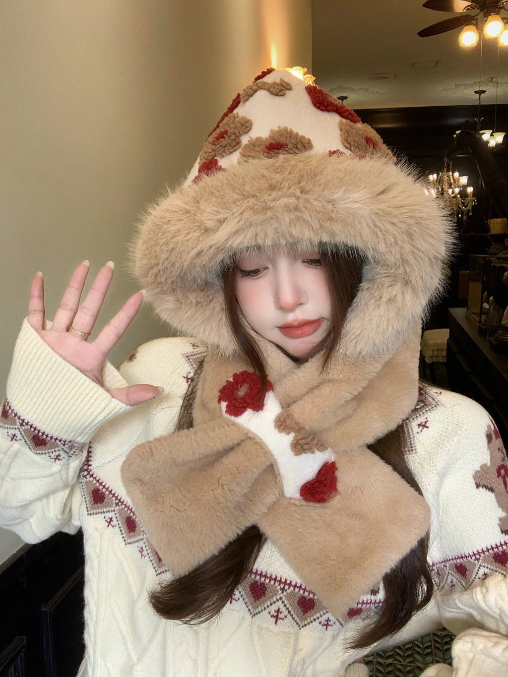 🐻 Glow West Jacquard Scarf Hat | 2-in-1 Windproof Furry Hood & Scarf | Winter Gift Idea
