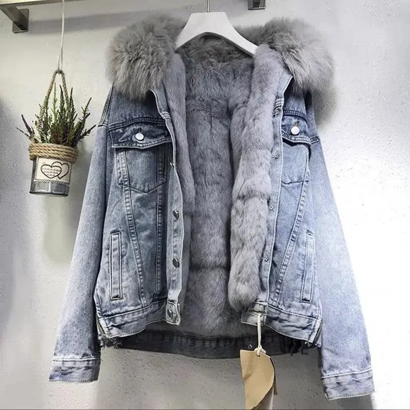 🧥 Winter Women’s Basic Coat – Big Fur Collar Denim/Thick Casual Jacket