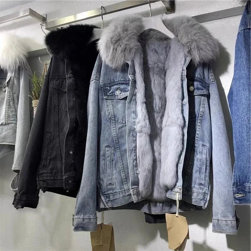 🧥 Winter Women’s Basic Coat – Big Fur Collar Denim/Thick Casual Jacket