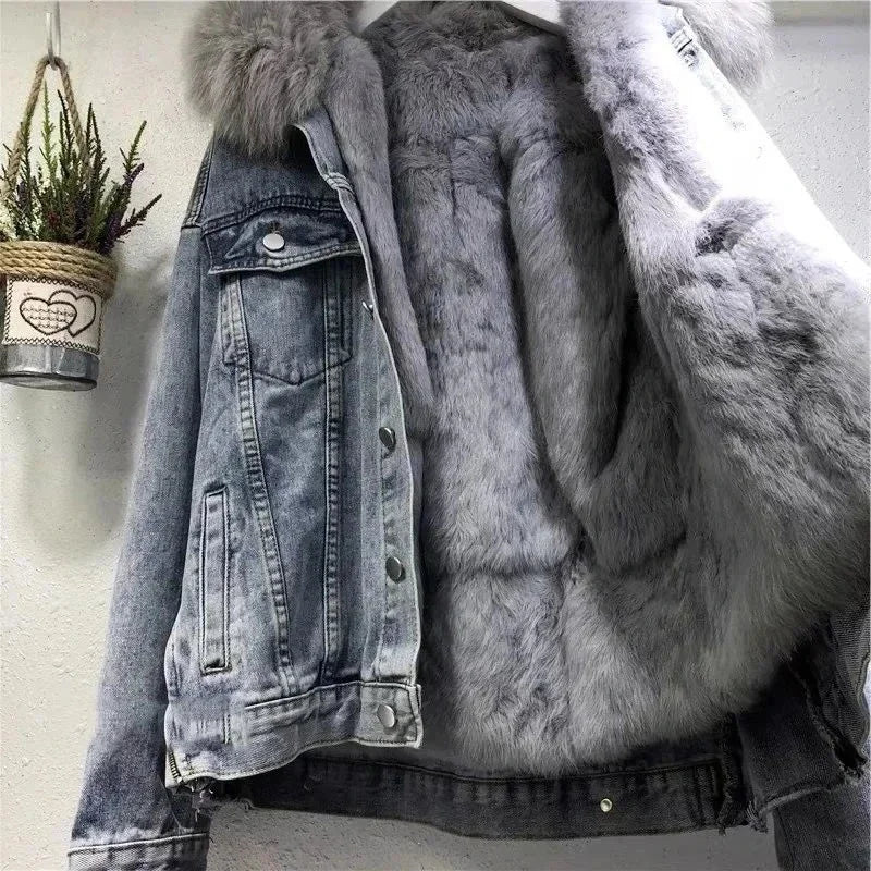 🧥 Winter Women’s Basic Coat – Big Fur Collar Denim/Thick Casual Jacket