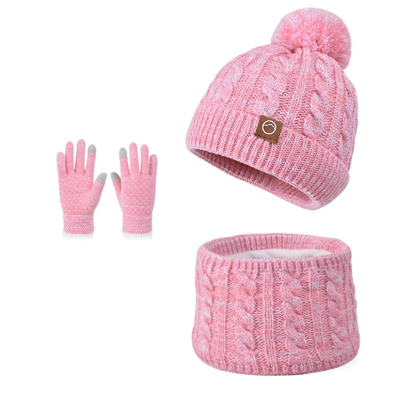 3pc Kids Winter Hat Scarf Gloves Set Unisex Children Beanie Cap Knitted Scarf Cap Ear Protection Fleece Warm Hat Boys Girl