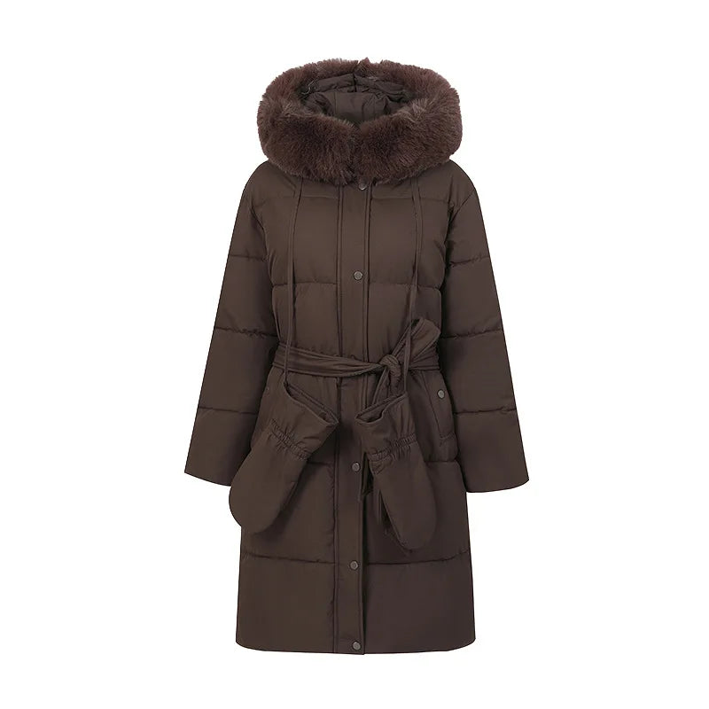 🧥 Women’s Long Puffer Coat – Belted Parka with Faux Fur Hood