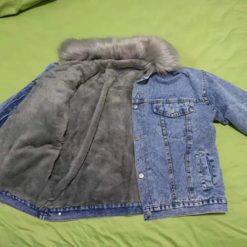 🧥 Winter Women’s Basic Coat – Big Fur Collar Denim/Thick Casual Jacket