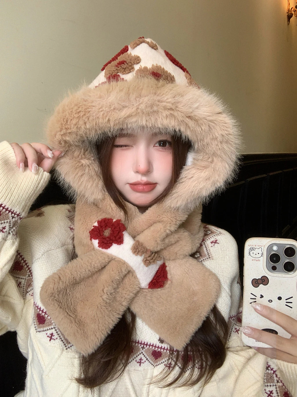 🐻 Glow West Jacquard Scarf Hat | 2-in-1 Windproof Furry Hood & Scarf | Winter Gift Idea