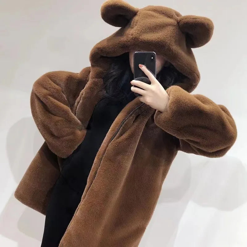 🐻  Bear Ears Hooded Jacket – Plush Fur Winter Coat