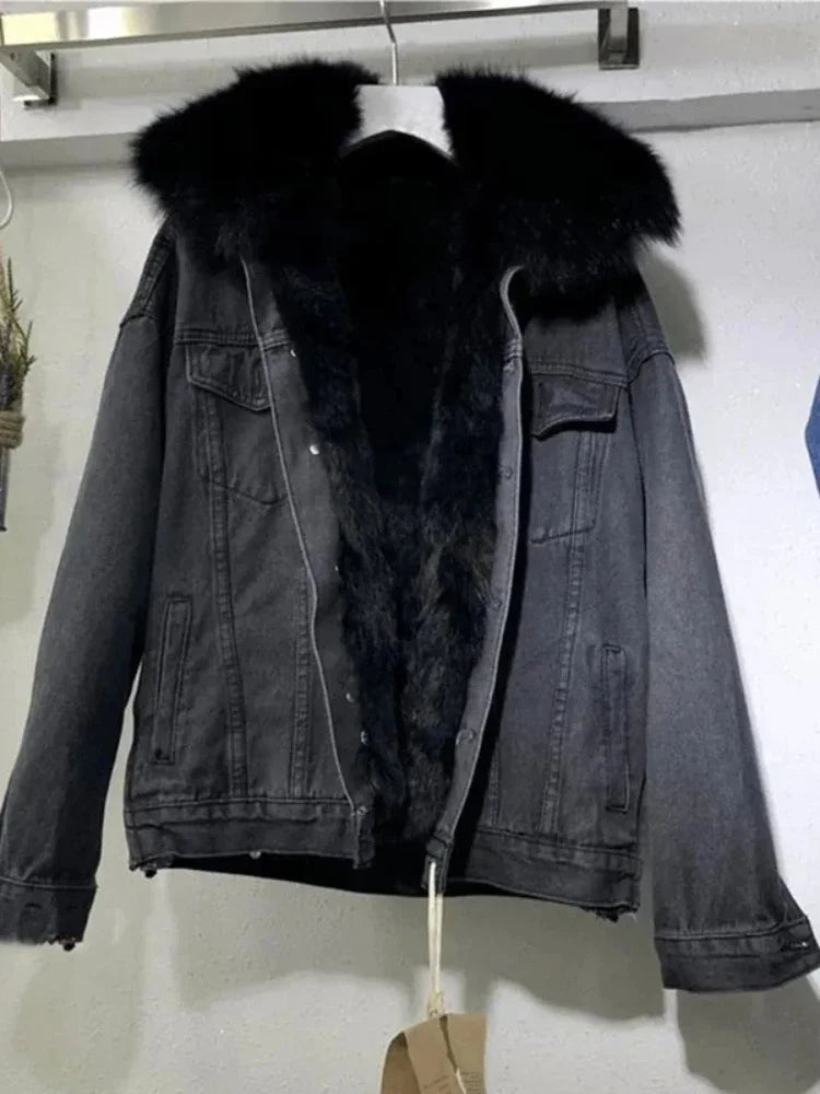 🧥 Winter Women’s Basic Coat – Big Fur Collar Denim/Thick Casual Jacket