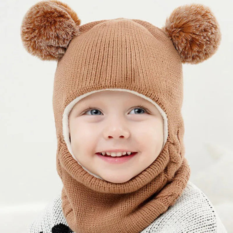 Kids Winter Hat Scarf Combo Lined Knit Ear Flap Hat with Neck Warmer Warm Unisex Pull-On Balaclava for Baby Toddler Boy Girl