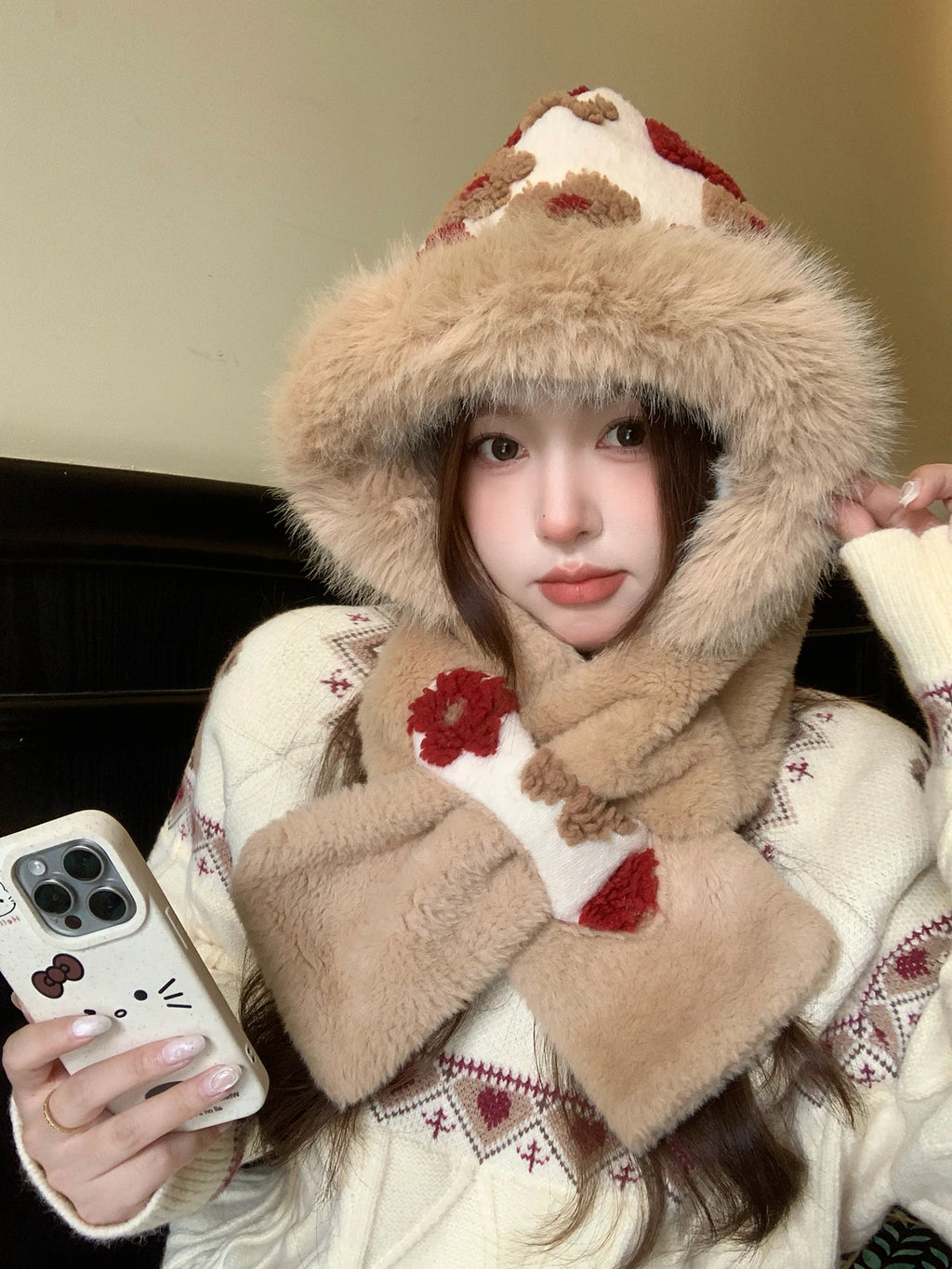 🐻 Glow West Jacquard Scarf Hat | 2-in-1 Windproof Furry Hood & Scarf | Winter Gift Idea