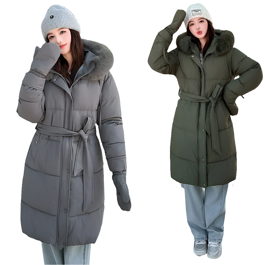 🧥 Women’s Long Puffer Coat – Belted Parka with Faux Fur Hood